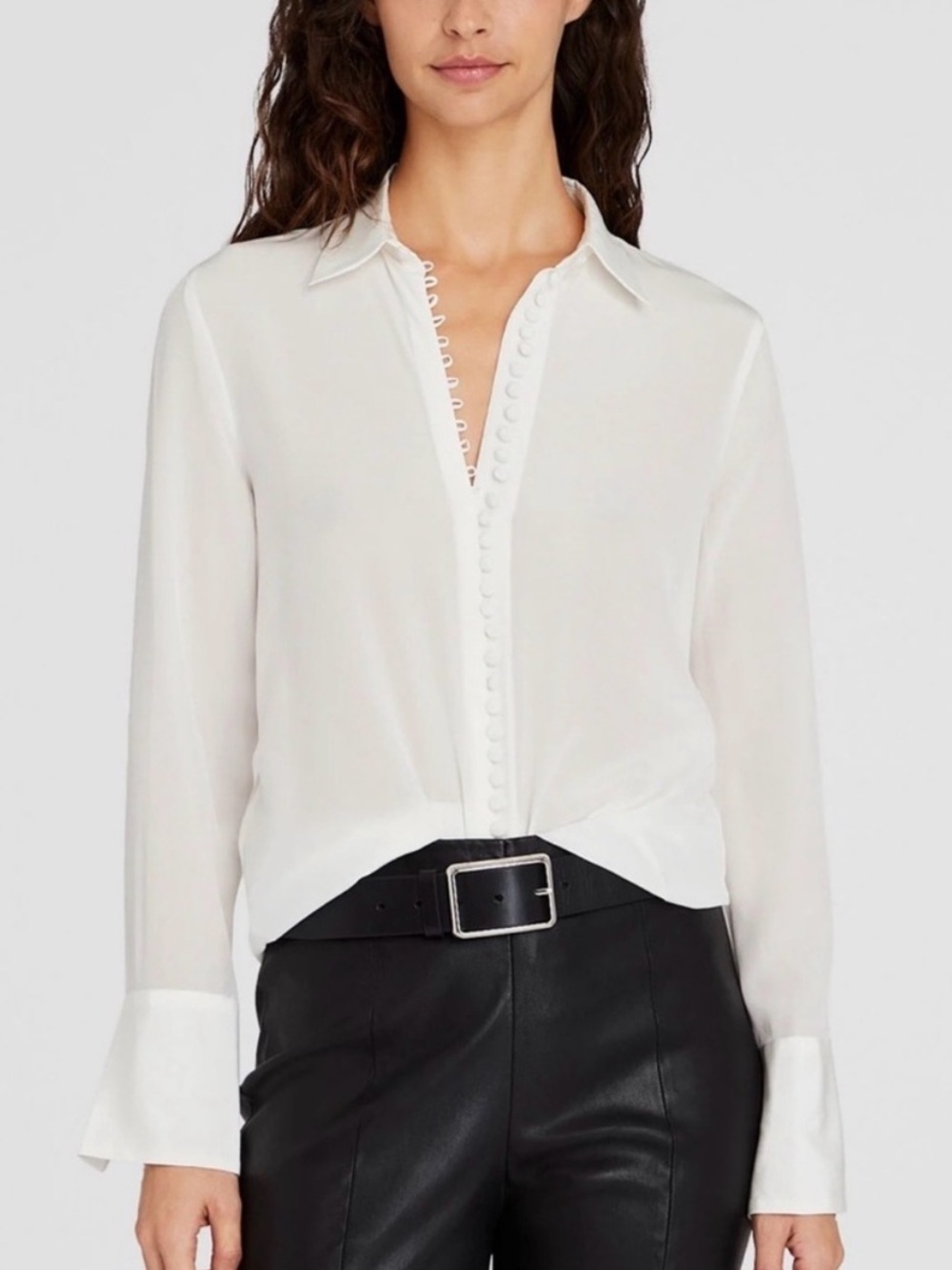 club monaco silk blend button up long sleeve blouse in ivory/off-white
